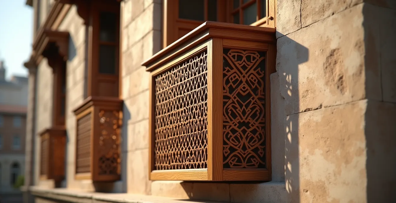 Cache climatisation en moucharabieh de bois sur un balcon d'immeuble historique, intégration architecturale harmonieuse