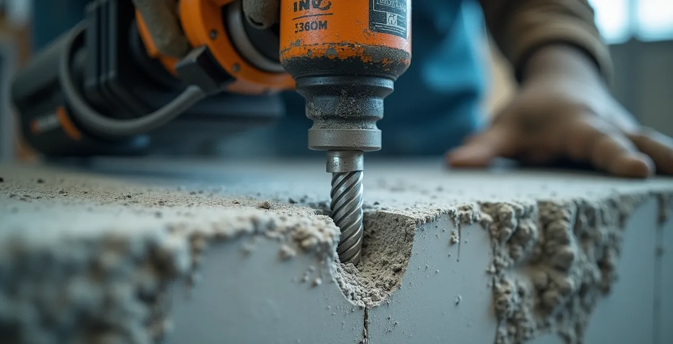 Carottage diamanté professionnel d'un mur en béton avec système d'aspiration