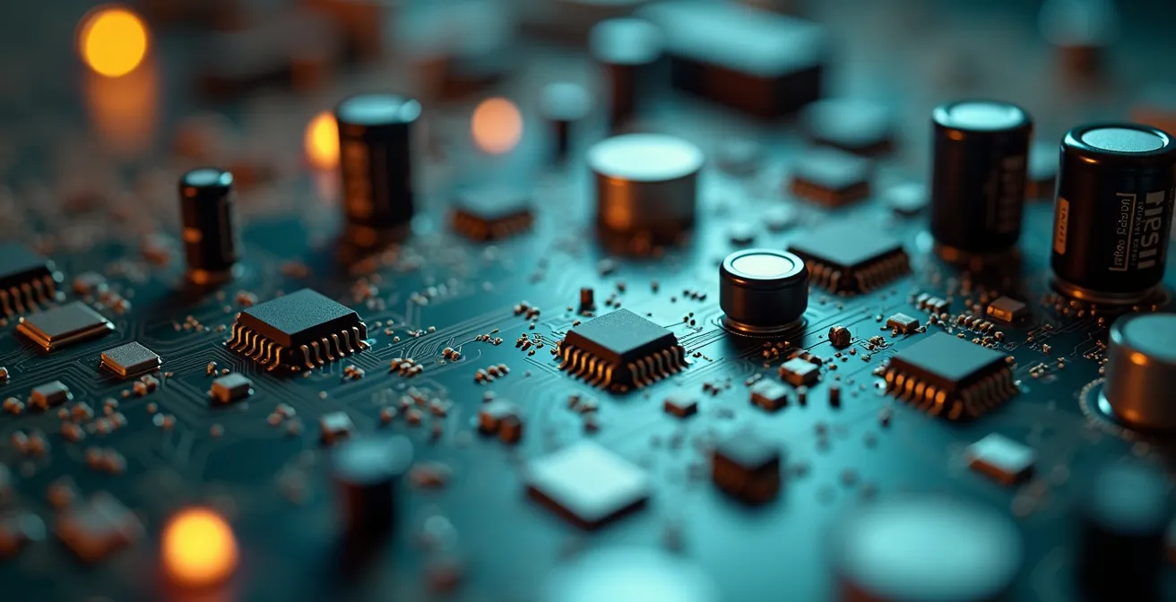 Vue macro d'une carte électronique de climatiseur montrant la complexité des composants