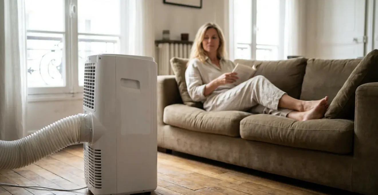 Climatiseur mobile en fonctionnement dans un salon d'appartement lumineux