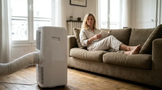 Climatiseur mobile en fonctionnement dans un salon d'appartement lumineux