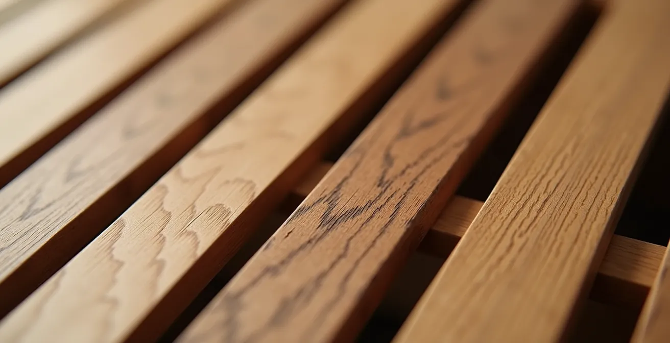 Vue macro d'un coffrage en bois ajouré pour climatisation avec espaces de ventilation