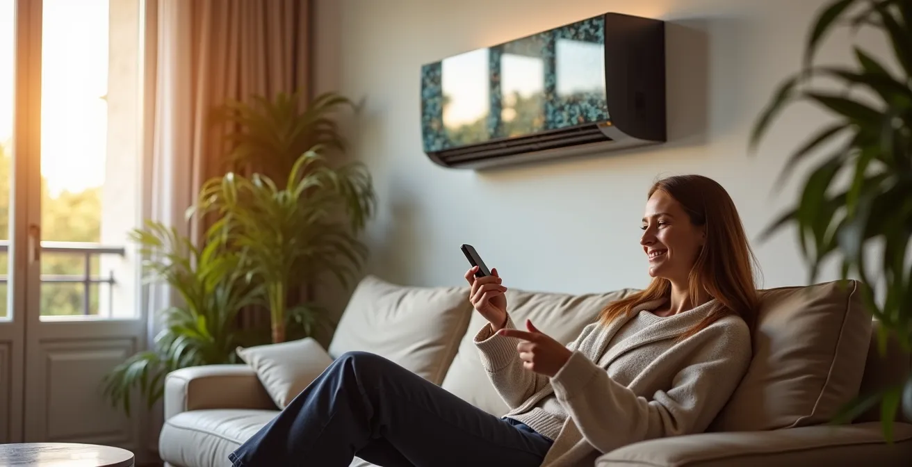 Salon contemporain avec climatiseur design intégré harmonieusement au mur