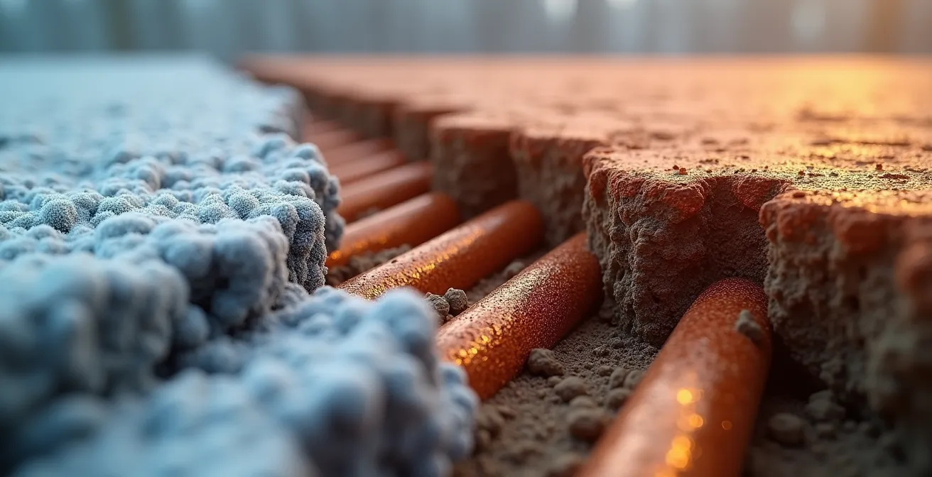 Installation de capteurs géothermiques horizontaux dans un jardin français en coupe transversale