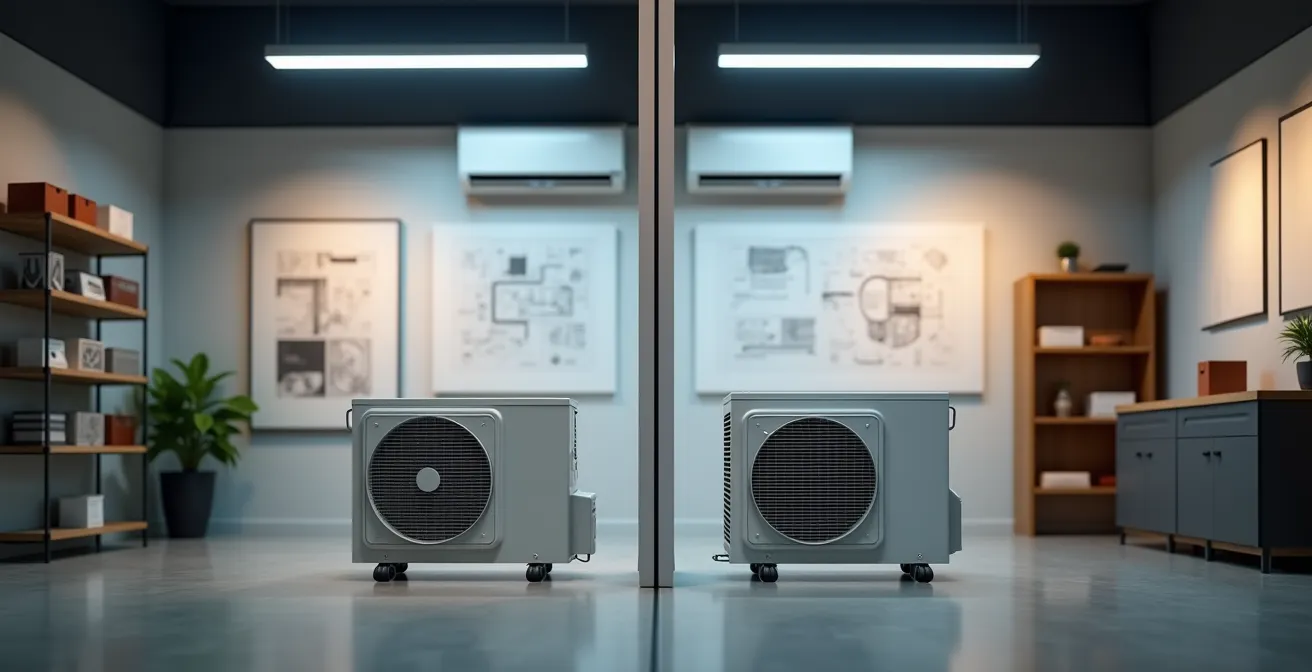 Comparaison côte à côte d'unités de climatisation japonaise et chinoise dans un showroom