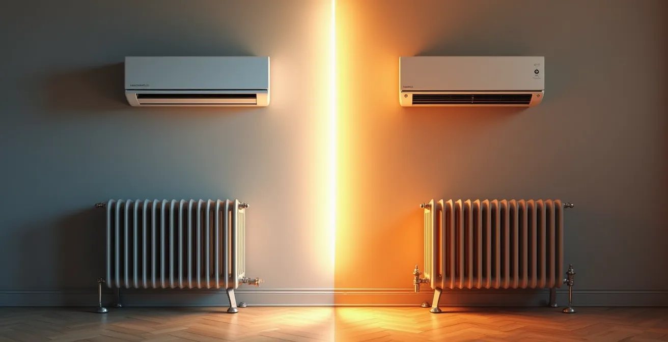 Comparaison visuelle entre la consommation d'une climatisation moderne et celle d'un convecteur ancien dans un salon