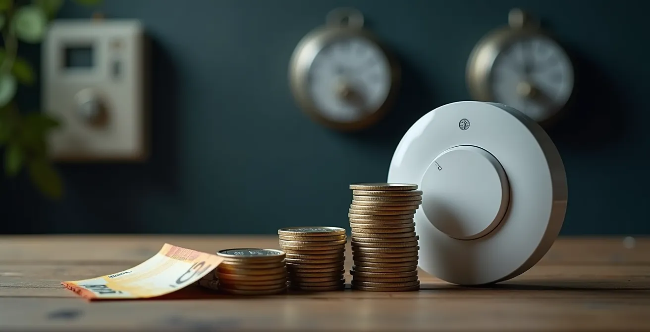 Représentation symbolique des économies d'énergie avec un thermostat moderne et des piles de pièces, illustrant la rentabilité.