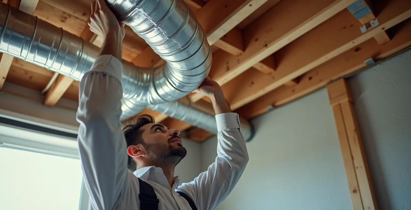 Vue en coupe d'un faux plafond intégrant un système de climatisation gainable