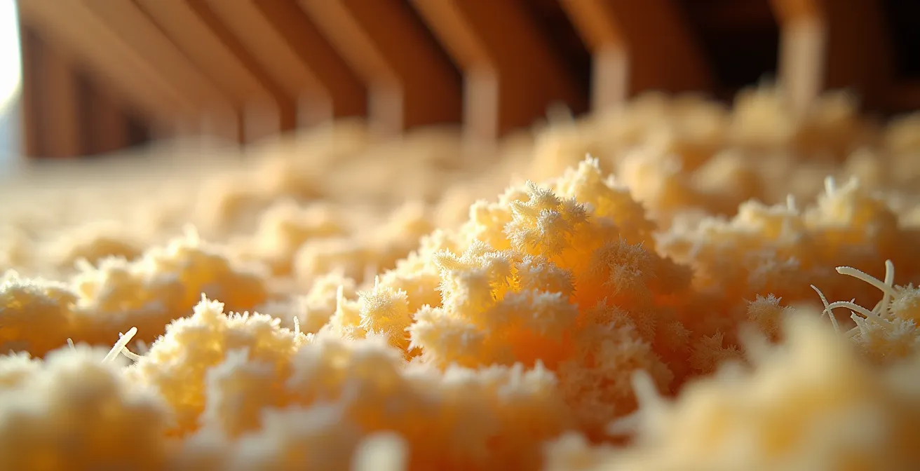 Coupe transversale d'une toiture isolée en laine de bois montrant le retard de la chaleur