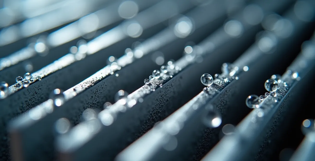 Vue macro détaillée des ailettes d'un échangeur de climatiseur montrant la transition entre zones humides et sèches