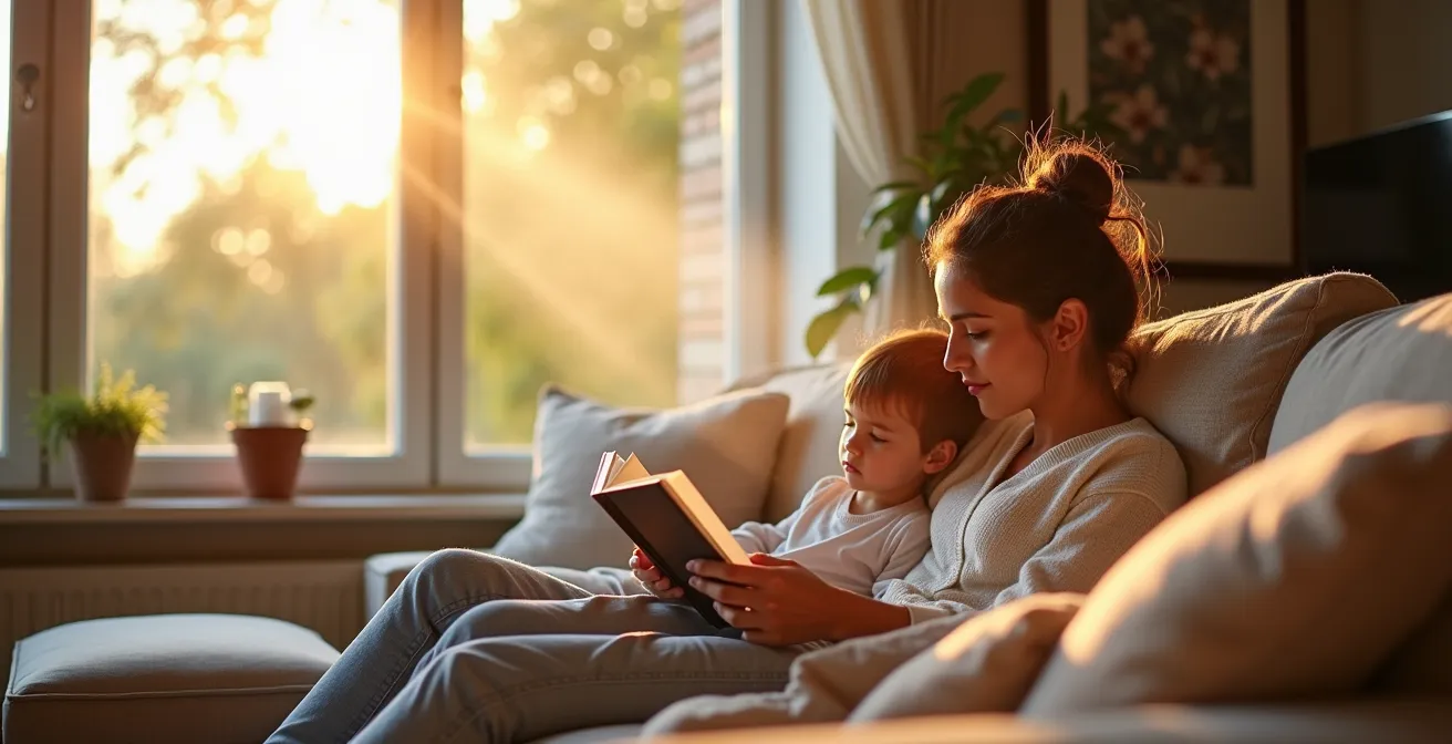 Vue large d'un salon français montrant la diffusion d'air par effet Coanda le long du plafond