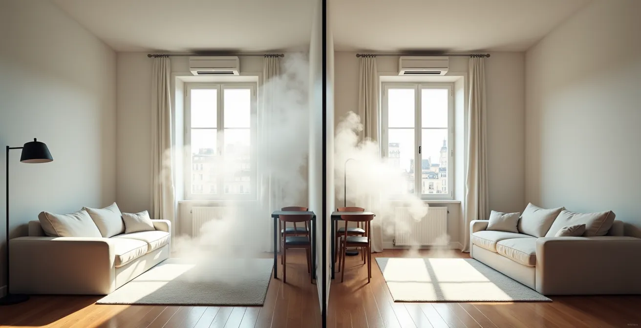 Schéma illustrant l'effet Coanda avec flux d'air longeant le plafond