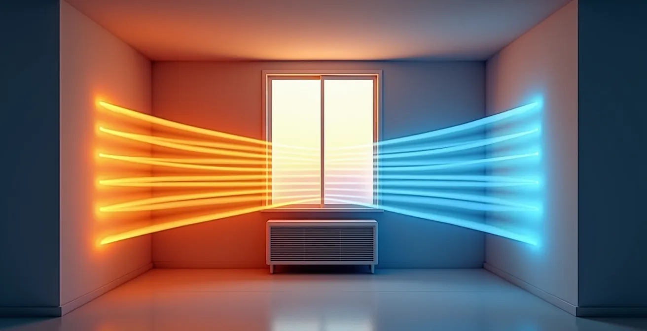 Visualisation thermique de la diffusion d'air chaud d'une console basse neutralisant l'effet paroi froide