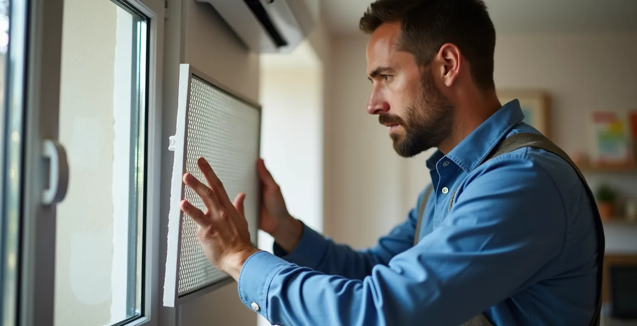Technicien professionnel nettoyant les filtres d'un système de climatisation split