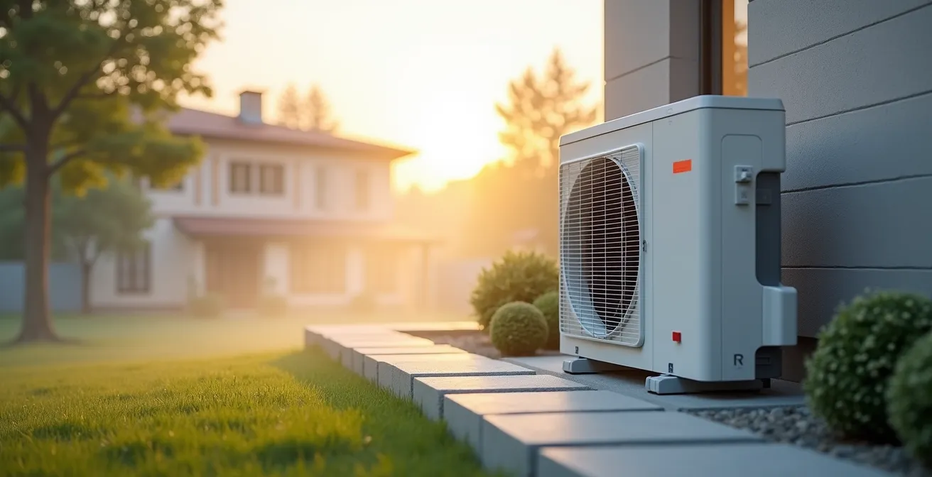 Vue large d'une pompe à chaleur air-air intégrée dans un environnement résidentiel