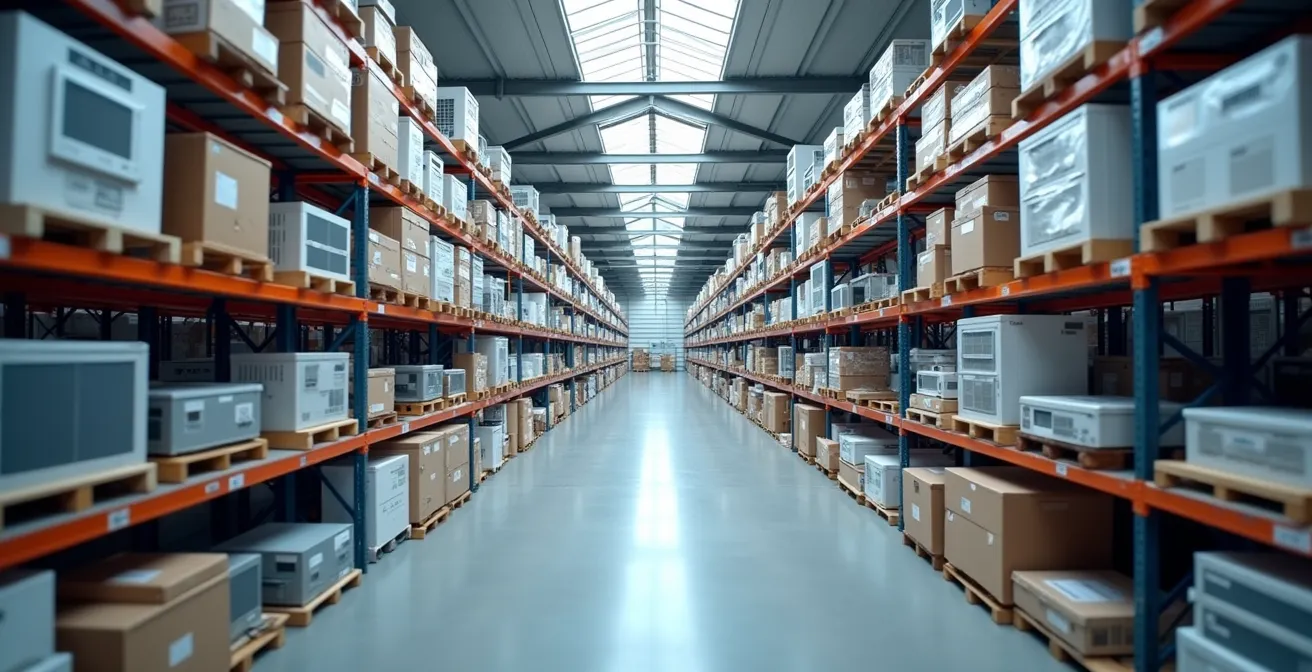 Entrepôt moderne de pièces détachées climatisation avec organisation méthodique