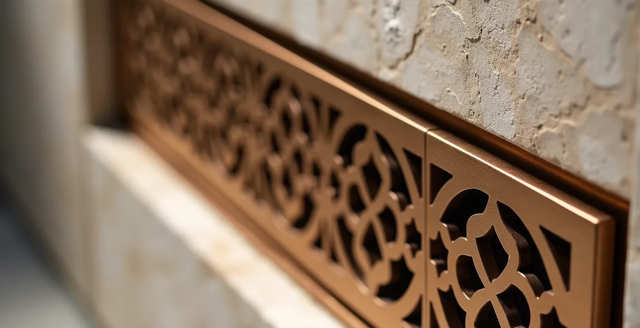 Grille de climatisation design en laiton parfaitement intégrée dans un mur texturé