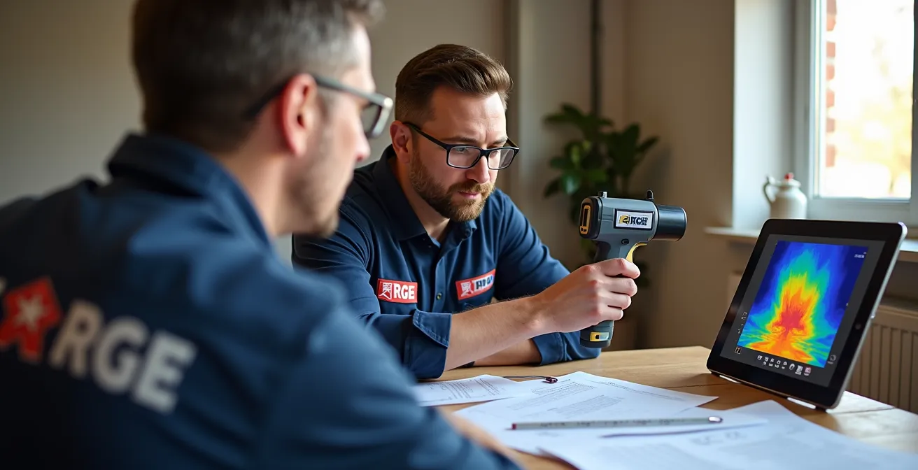 Professionnel RGE réalisant un audit énergétique avec équipement de mesure thermique avant installation de climatisation