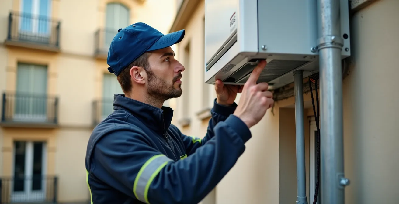 Installation d'une pompe à chaleur sur façade d'immeuble français avec supports anti-vibratiles
