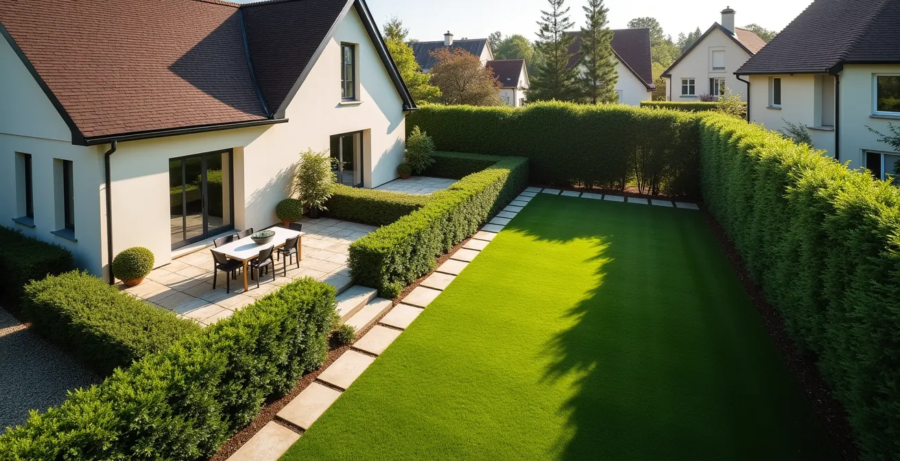 Installation extérieure de pompe à chaleur avec dispositifs anti-bruit dans jardin français