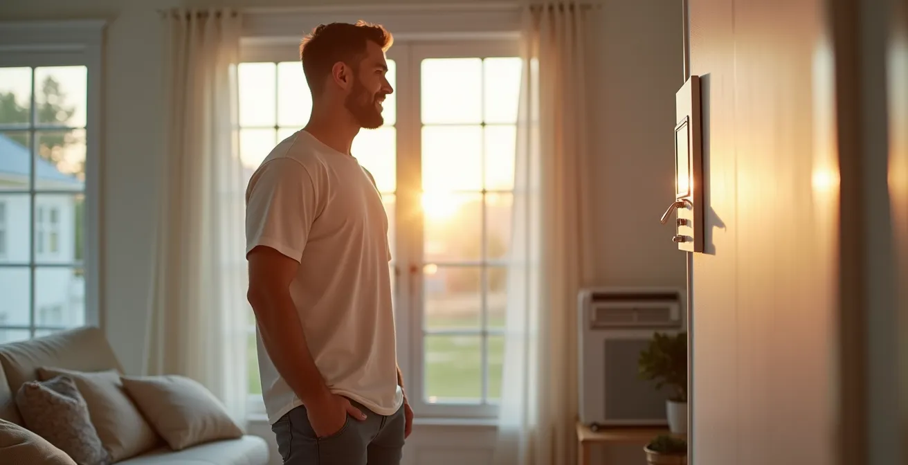 Vue d'un propriétaire satisfait dans son salon climatisé, illustrant une installation progressive et réfléchie.