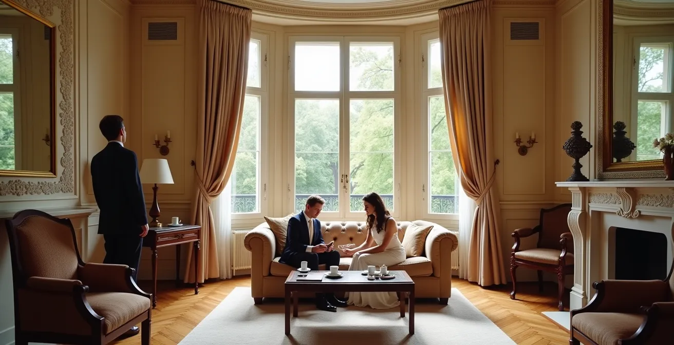 Salon d'un appartement haussmannien avec système de climatisation invisible intégré dans les moulures