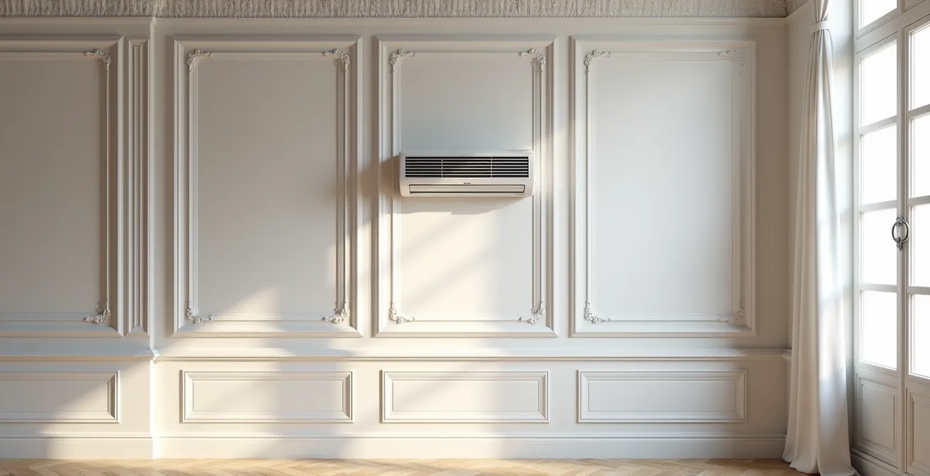 Intérieur haussmannien avec climatisation cachée derrière des moulures décoratives blanches
