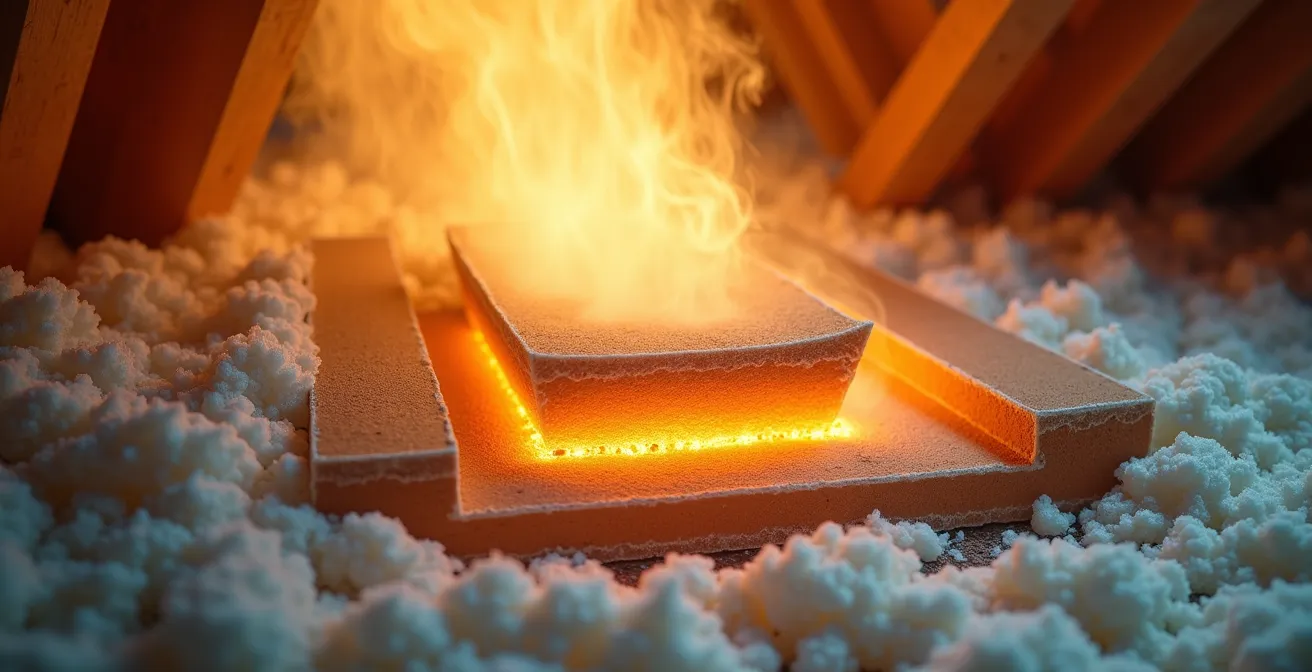 Vue en coupe de combles avec isolation en fibre de bois montrant le parcours de la chaleur