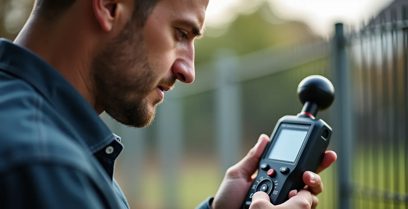 Professionnel effectuant une mesure acoustique avec sonomètre en limite de propriété