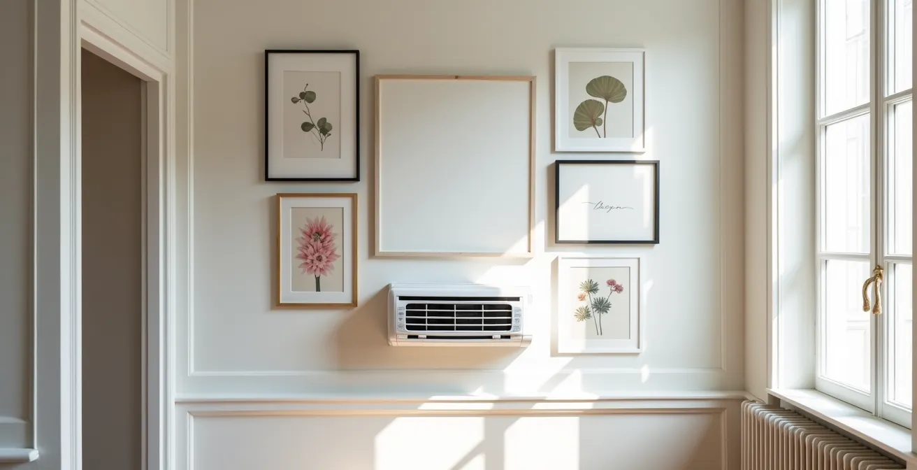 Composition murale de cadres dissimulant un climatiseur dans un salon