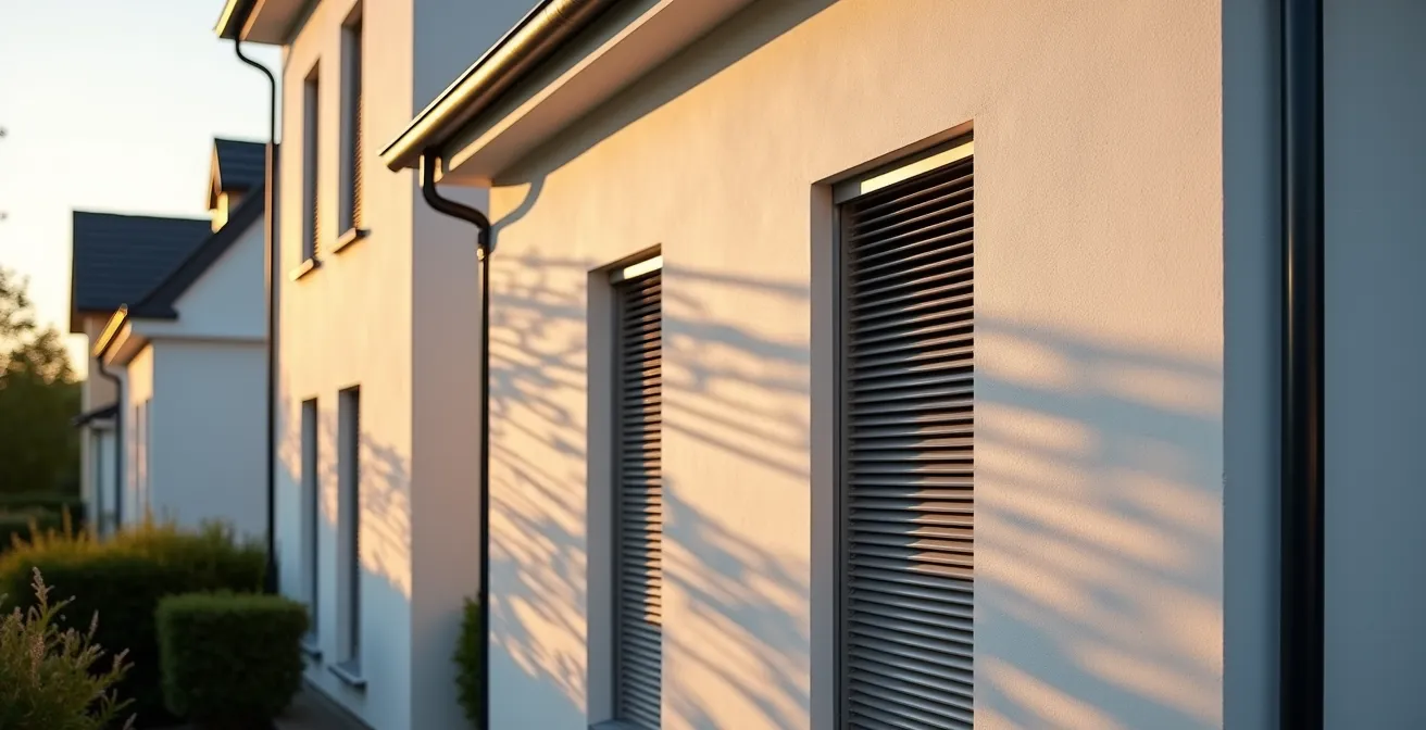 Brise-soleil orientables installés sur la façade d'une maison contemporaine française
