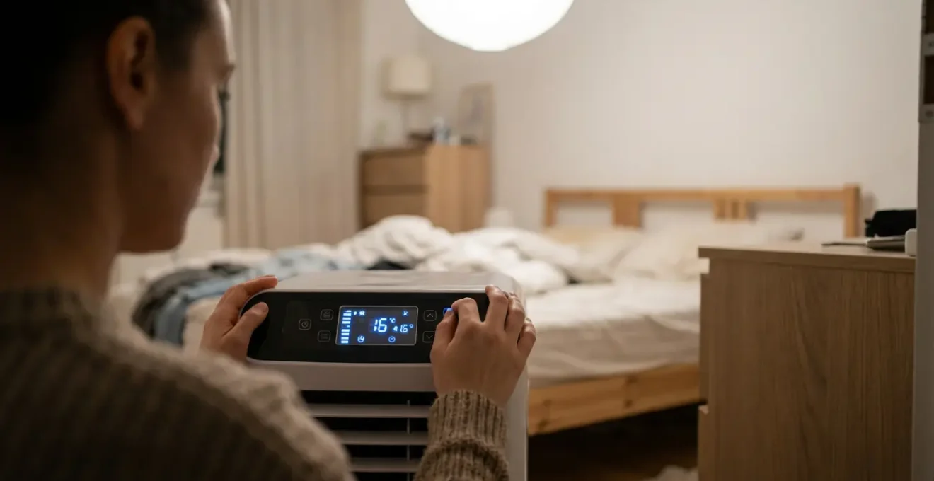 Personne ajustant les réglages d'un climatiseur mobile en appartement