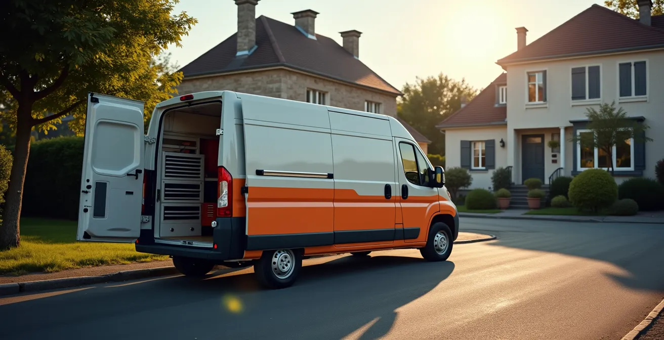 Camionnette de technicien de maintenance garée dans une rue résidentielle en France, symbolisant la proximité du service après-vente.