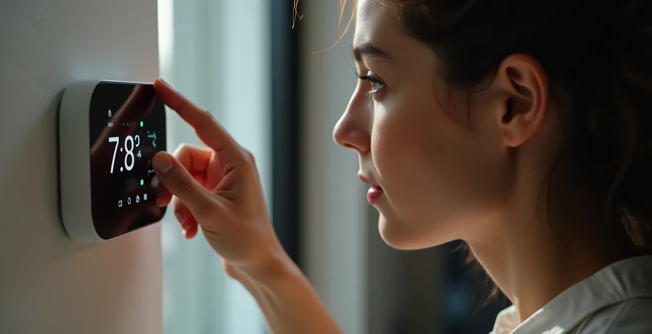 Personne ajustant progressivement un thermostat moderne avec affichage numérique montrant une transition douce