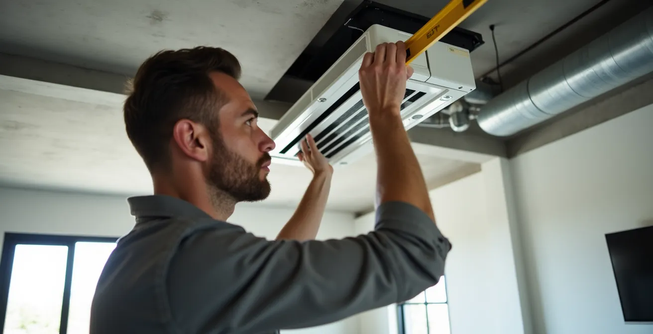 Unité intérieure gainable extra-plate installée dans un intérieur d'architecte minimaliste
