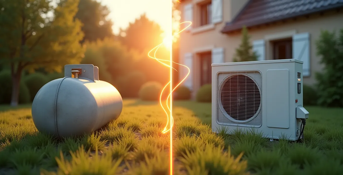 Citerne de gaz propane enterrée dans un jardin français avec maison en arrière-plan