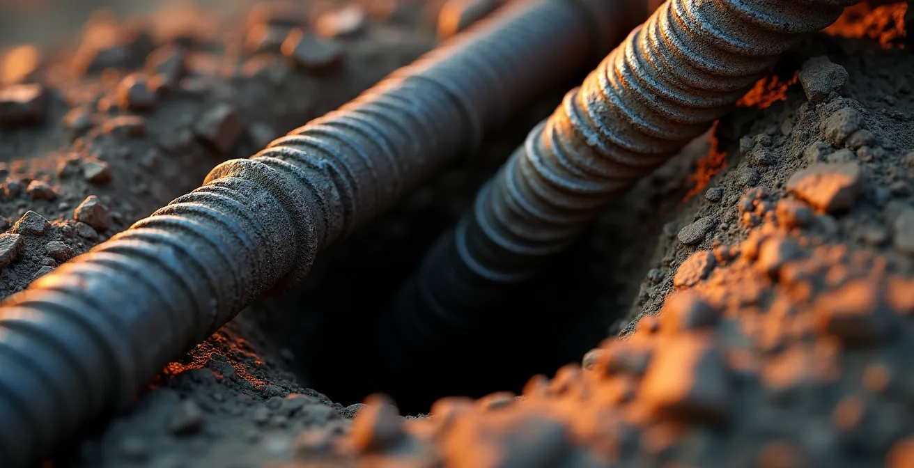 Forage géothermique en cours avec machine de forage et tubes de captage